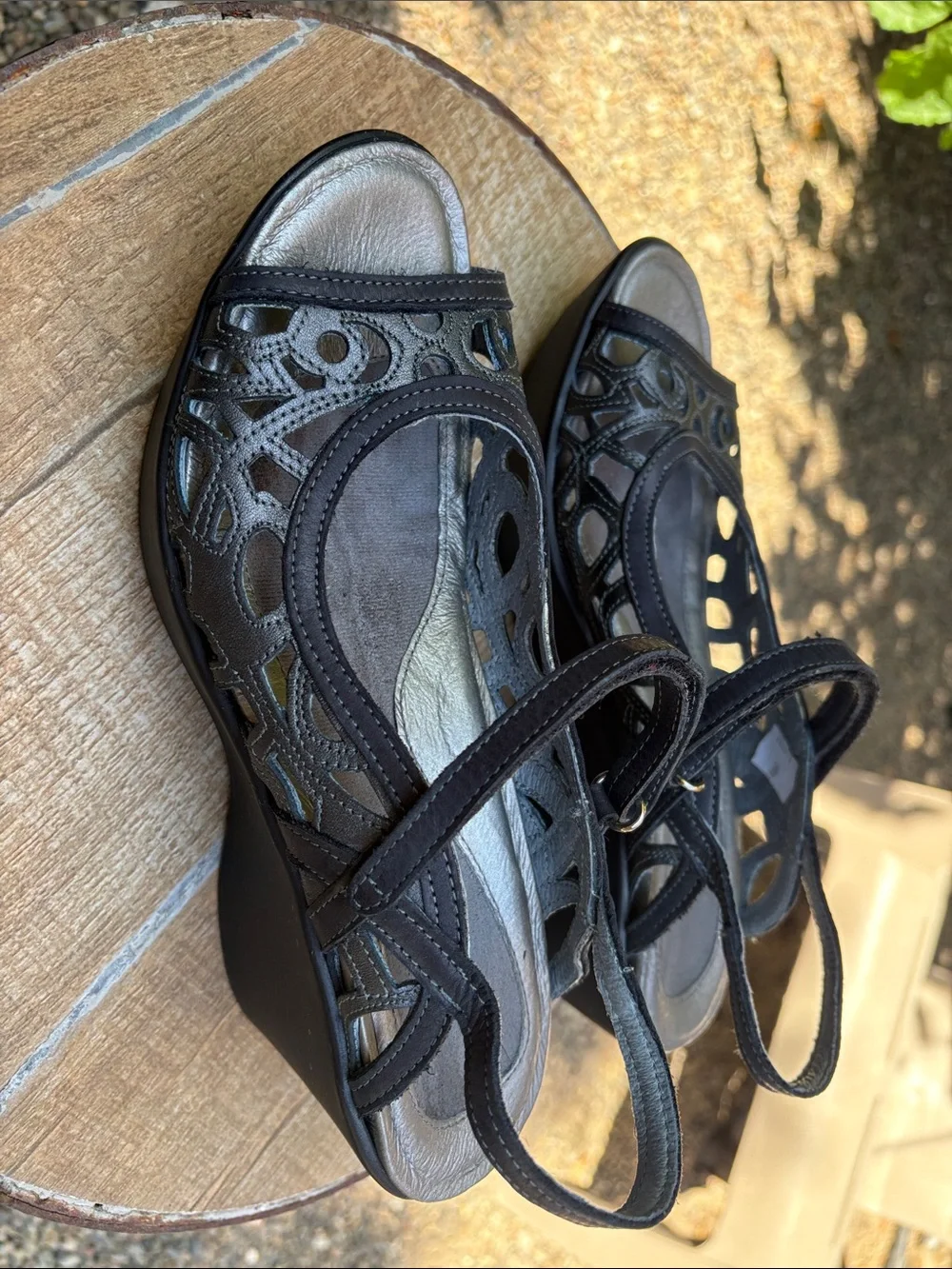 Naot Black and Silver Leather Cutout Slingback Heels